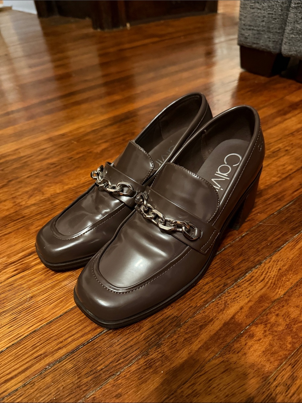 Calvin Klein Dark Brown Chain Detail Heeled Loafers